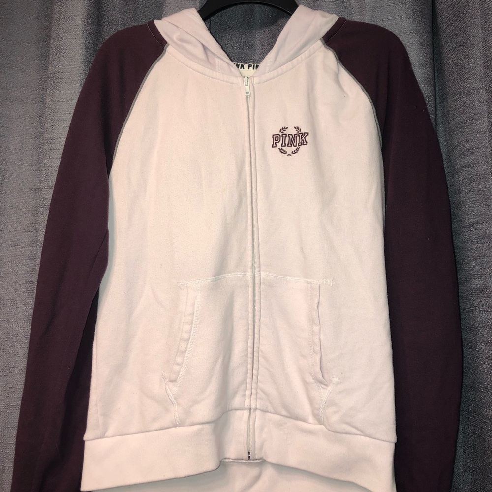 PINK burgundy and white zip up hoodie
